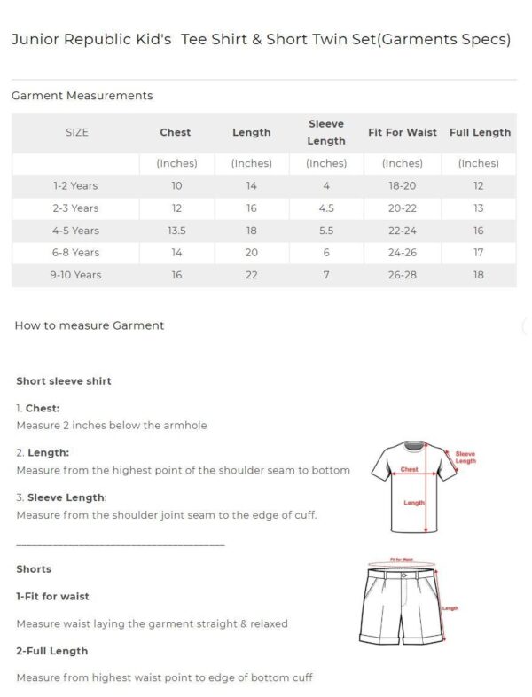 size chart for summer clothes for kids